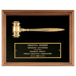 10″ x 13″ Gold Electrooplated Gavel in a Walnut Frame with Black Velour Background and Black Laserable Brass plate
