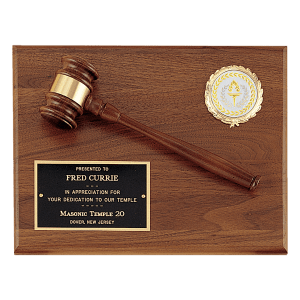 Solid Walnut Plaque with a Walnut Gavel, Gold Gavel Band, Black Laserable Brass Plate and 2″ Insert Holder (Insert Sold Separately)