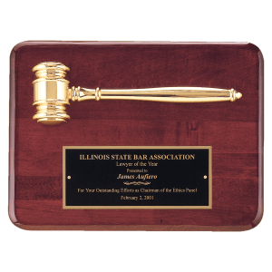 9″ x 12″ Rosewood Piano Finish Plaque with a Gold Electroplated Gavel and Laserable Black Brass Plate for Personalization