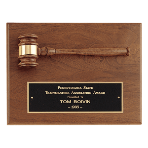 9″ x 12″ Solid Walnut Plaque with a Walnut Gavel, Gold Gavel Band and Black Laserable Brass Plate