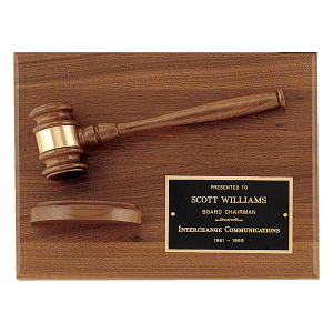 9″ x 12″ Solid Walnut Plaque with a Walnut Gavel, Gold Gavel Band, Black Laserable Brass Plate and a Walnut Half Sounding Block