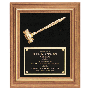 15″ x 18″ Gold Electroplated Gavel in a Walnut Frame with Black Velour Background and Black Laserable Brass Plate