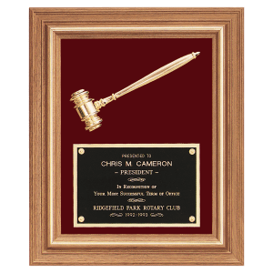 15″ x 18″ Gold Electroplated Gavel in a Walnut Frame with Maroon Velour Background and Black Laserable Brass Plate