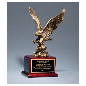 15″ Antique Bronze Finished Eagle Resin Casting on Rosewood Piano Finish Base with Black Laserable Brass Plate
