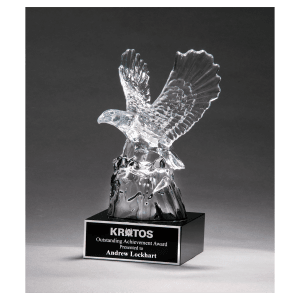 4 1/2″ x 9 1/2″ Beautiful Carved Crystal Eagle on a Black Crystal Base with Black Laserable Aluminum Plate