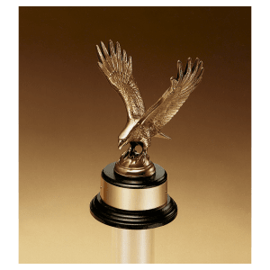 9″ Fully Modeled Antique Bronze Eagle Casting on a Black Piano Finish Base with Gold Flex-Brass Plate