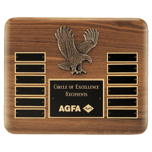 13″ X 10 1/2″ Solid American Walnut Plaque with Finely Detailed Antique Bronze Eagle Casting and Black LaserFX Header and 12 Perpetual Plates