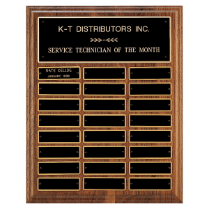 12″ x 15″/Plates 1″ x 3 1/4″ Walnut Step-Edge 24 Plate Perpetual Plaque with Black Brass Plate