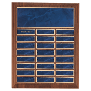 12″ x 15″/Plates 1″ x 3 1/4″ American Walnut 24 Plate Perpetual Plaque with Sapphire Marble Brass Plates