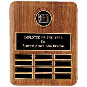 10 1/2″ x 13″ American Walnut 12 Plate Perpetual Plaque w/2 1/2″ Black Brass Disc, Brass Plate
