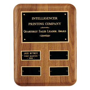 8″ x 10 1/2″/Plates 1 1/4″ x 2 1/2″ American Walnut AirFlyte Edge Quarterly Award Perpetual Plaque wth Black Brass Plates