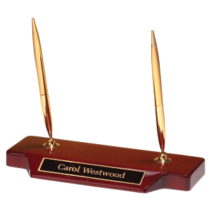 3 3/4″ x 9″ Double Gold-Tone Pen Set on Rosewood Piano Finish Base with Black Brass Plate