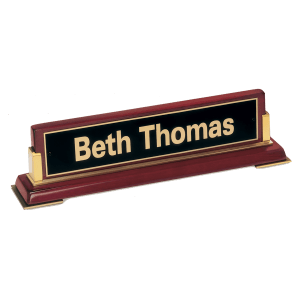 10 5/8″x 2 3/4 x 2 1/2 Rosewood Piano Finish Nameplate and Gold Metal Accents with Black Plate