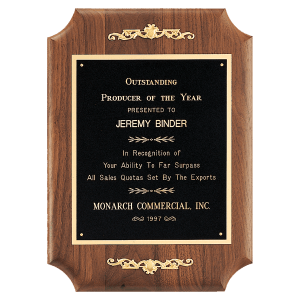 11″ x 15″ American Walnut Scalloped Corner Plaque with Decorative Gold Scrolls and Gold Border Black Laser Engravable Plate