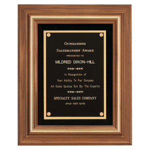 13″ x 16″ American Walnut Framed Plaque w/Gold Trim & Black Velour Back, Black Brass Plate