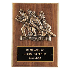9″ x 12″ American Walnut Plaque, Bronze Cast Fire Department “Bravest” with Black Brass Plate