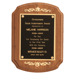 9″ x 12″ American Walnut Rounded, Scalloped Corner Plaque with Decorative Gold Scrolls and a Gold Border Black Laser Engravable Plate