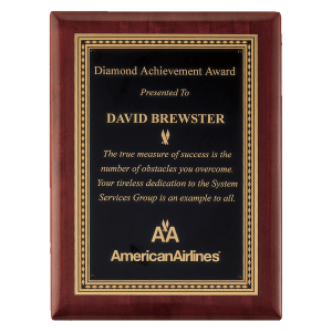 8″ x 10 1/2″ Airflyte Premium Rosewood Piano Finish Plaque with Gold Border Black LaserFX Plate