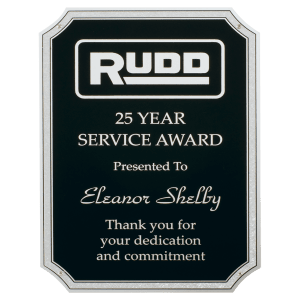 7″ x 10″ Black Textured Polished Aluminum Plate with Notched Corners, Silver Florentine Border, and Four Holes
