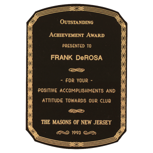 5 5/8″ x 6 5/8″ Laserable Black Brass Notched Corner Plate with Radius Top and Bottom, Gold Florentine Design Border, and Four Holes