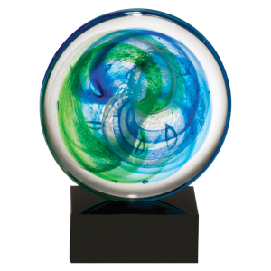 7 1/4″ Disk Art Glass w/Blue and Light Green Accent on Black Glass Base-No Plate