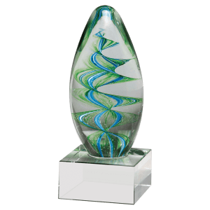 6 1/2″ Blue and Green Helix Egg Shaped Art Glass on Clear Glass Base-No Plate