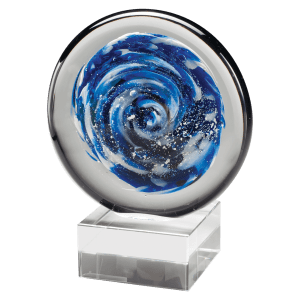 7″ Blue and White Disc Art Glass on Clear Glass Base-No Plate
