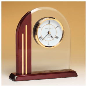 7 1/2″ x 7 7/8″ Arch Clock with Glass Upright and Rosewood Piano Finish Post and Base-Plate Not Included
