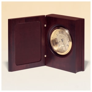 5 3/8″ x 4 1/4″ Hand Rubbed Mahogany Finish Book Clock w/Gold Spun Dial, 3 Hand Movement-Plate Not Included