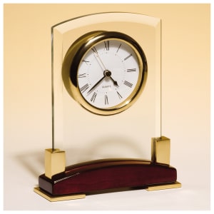 6 x 7 3/4″ Beveled Glass Desk Clock, Rosewood Piano Finish Base, Gold MetalAccent-Plate Not Included