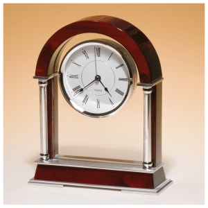 8 1/2″ x 10 1/2″ Rosewood Piano Finish Mantle Clock, Chrome Plated Posts, Silver Accents-Plate Not Included