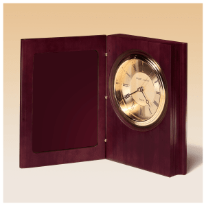 9″ x 6 3/4″ Hand Rubbed Mahogany Finish Book Clock, Diamond Spun Dial, 3 Hand Movement-Black Laserable Plate Not Included