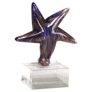 6 7/8″ Blue Star Art Glass w/Gold Metallic Highlights on Clear Glass Base – No Plate