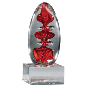 5 1/4″ Red Egg Shaped Art Glass on Clear Glass Base-No Plate