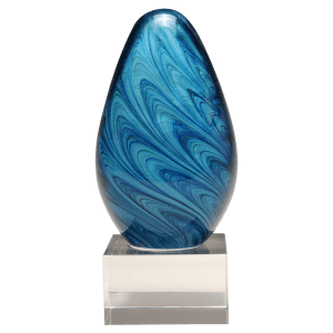 6 1/4″ Blue and Green Egg Shaped Art Glass on Clear Glass Base-No Plate