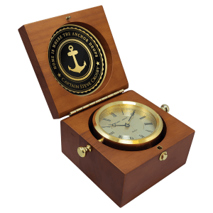 5 1/2″ x 5 1/2″ Mahogany Finish Captain’s Clock, Brass Clock Housing, 4 1/4″ Diameter Brass Disc/Plate