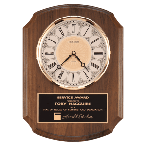10 1/2″ x 13″ Walnut Quartz Clock, Brass Diamond Spun Bezel, Glass Lens, Ivory Dial, Plate
