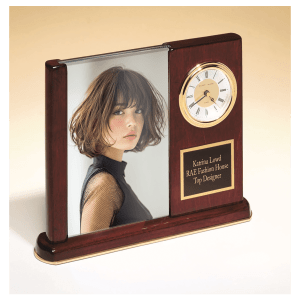 6 3/4″ x 8 1/2″ Rosewood Piano Finish Clock with Glass Picture Frame/Black Plate