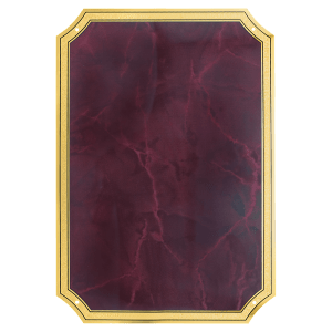 5 1/4″ x 7 1/4″ Ruby Marble Brass Plated Steel Plate with Four Holes, Notched Corners, and Florentine Design Border