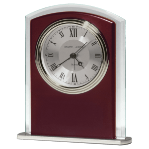 Rosewood Matte Finish Clock, Beveled Glass with Wood Accent, Silver Bezel and Dial, 3 Hand Movement – No Plate