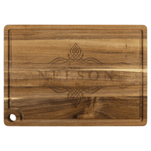 13 3/4″ x 9 3/4″ Acacia Cutting Board with Drip Ring and Corner Hole