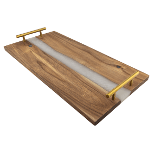 18″ x 9″ Acacia Serving Tray with White Pearl Resin and Gold Handles