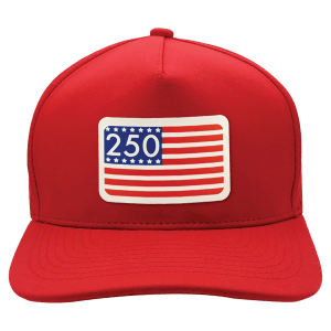 Stars and Stripes 250 UV DTF Sticker/Ultra White Leatherette Patch on a Red/Red Brimco 5-Panel Performance Hat