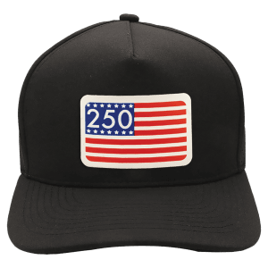 Stars and Stripes 250 DTF Transfer/Ultra White Leatherette Patch on a Black/Black Brimco 5-Panel Performance Hat