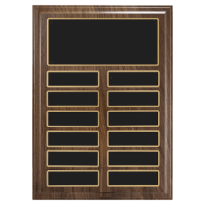 9″ x 12″/Plates 1″ x 3 1/4″ Walnut Step-Edge 12 Plate Perpetual Plaque with Black Brass Plate