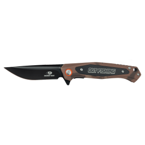 Bison River 4 1/2″ Brown Camo Everyday Carry Knife with Laserable Black Anodized Aluminum Plate-Official Mossy Oak Country Roots Camo Pattern