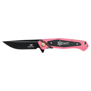 Bison River 4 1/2″ Pink Camo Everyday Carry Knife with Laserable Black Anodized Aluminum Plate- Official Mossy Oak Country Roots Pattern