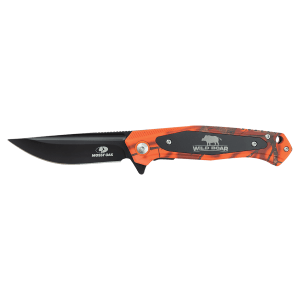 Bison River 4 1/2″ Orange Camo Everyday Carry Knife with Laserable Black Anodized Aluminum Plate- Official Mossy Oak Country Roots Camo Pattern