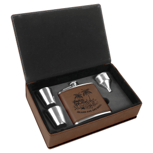 6 oz. Dark Brown Laserable Leatherette Flask Gift Set