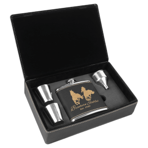 6 oz. Black/Gold Laserable Leatherette Flask Gift Set